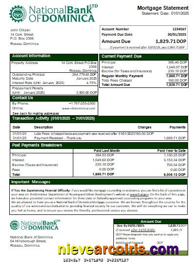 Dominica National Bank of Dominica bank mortgage statement